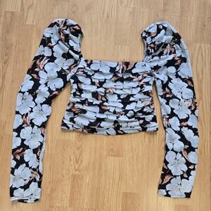 Abercrombie & Fitch Womens Cottage Boho Romantic Floral Ruched Puff Sleeve Top